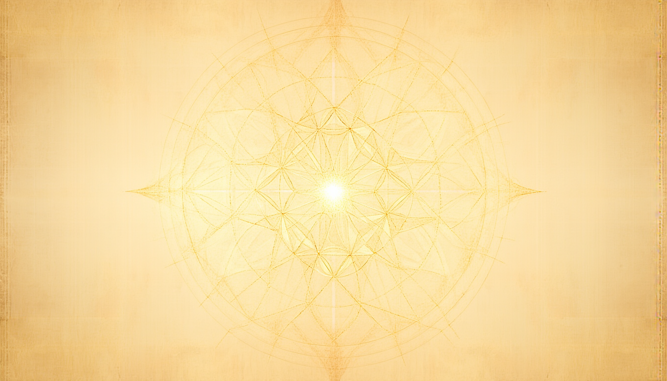 A radiant golden sacred-geometry mandala: a twelve-point outer ring interlaced with a nine-pointed star, a point of light at the center