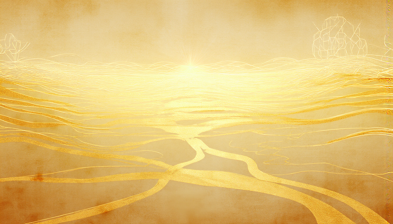 A river of flowing golden light gathering and fanning out into a luminous field of sacred geometry at the horizon