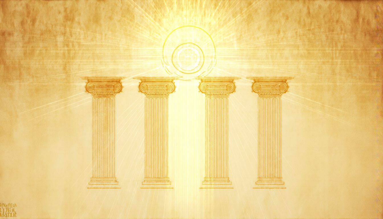 Four golden classical pillars supporting a luminous sky, a radiant sun rising between them, sacred geometry in the keystone