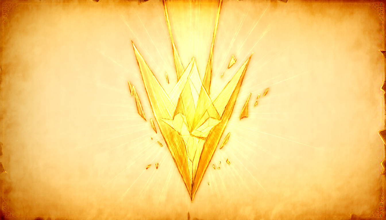 A golden crystalline geometric structure mid-shattering, facets and shards suspended in gold light